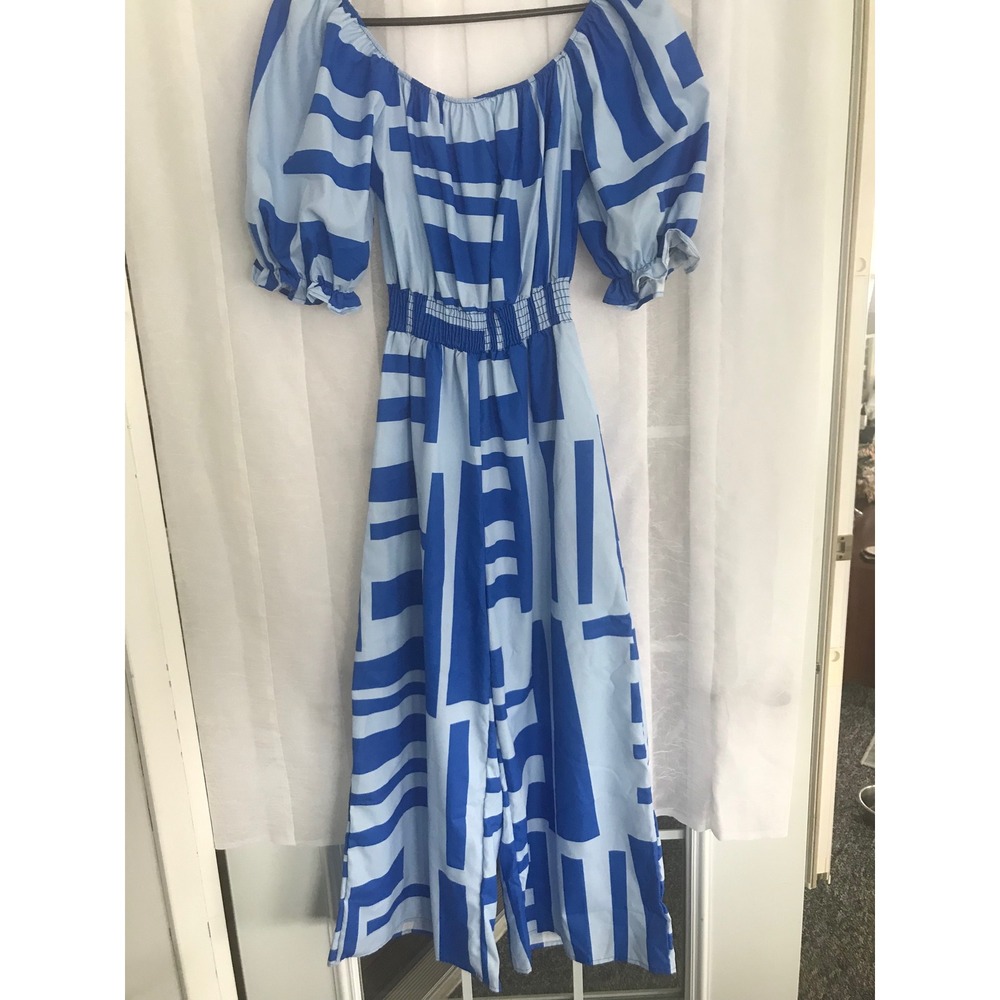 Fantastic Fawn Blue Geometric Abstract Puff Sleeve‎ Smocked Wide Leg Jumpsuit Sm